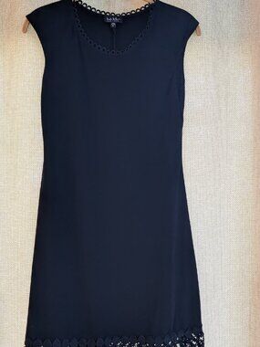 Nicole Miller, Solid Black Sleeveless Free Flowing Lace Trim Black Dress, Size S
